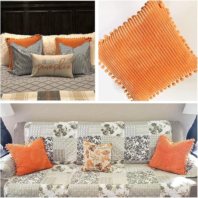 Fancy Homi Pack of 2 Corduroy Fall Decorative Throw Pillow Covers with Pom-poms, Solid Square Cushion Case Pillow Cases Set for Couch Sofa Bedroom Car Living Room (16x16 Inch/40x40 cm, Orange)