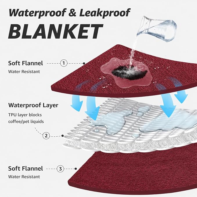 LOOBANI King Size Waterproof Blanket, Oversized Bed Cover, 85"x108", Red | Reversible Flannel Dog Blankets for Large Dogs, Spill-Proof Couch Cover for Family Movie Nights, Camping, Travel, Noise Free