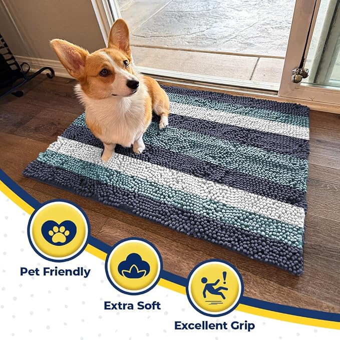 Muddy Mat® Super Absorbent Loop-Thread Chenille Dog Door Mat for Muddy Paws – Non-Slip, Machine Washable Indoor Entry Rug, Quick-Dry Pet Mat for Entryway – Ocean Stripes 19"x30"