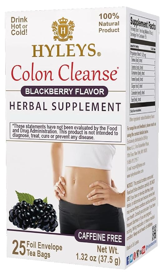 HYLEYS Colon Cleanse Tea, Blackberry Flavor - 150 Individually Wrapped Herbal Tea Bags (6 Pack of 25) - Caffeine Free, Gluten Free