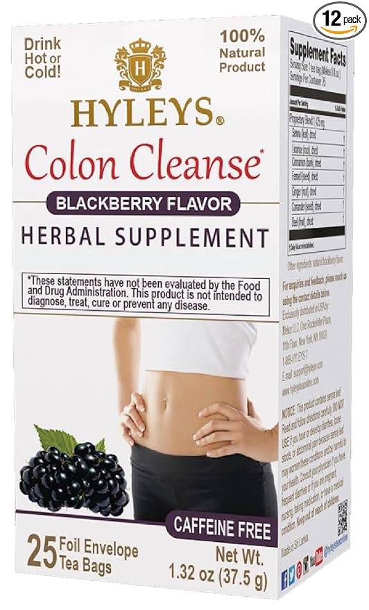 HYLEYS Colon Cleanse Tea, Blackberry Flavor - 150 Individually Wrapped Herbal Tea Bags (6 Pack of 25) - Caffeine Free, Vegan