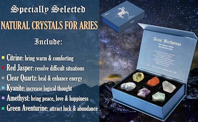 Faivykyd Aries Crystals Gifts for Women - 6 Aries Zodiac Healing Stones w/ 50 Miracle Mantras Affirmation Cards, Inspirational Astrology Gifts for Promoting Positive Energy, Self-Care & Love