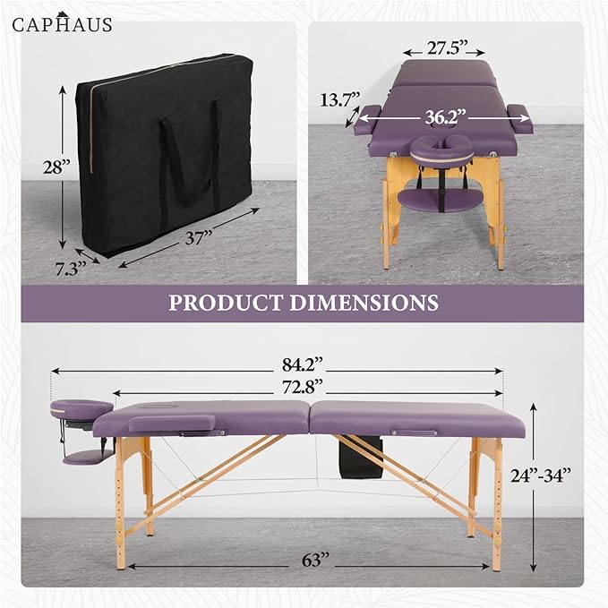 CAPHAUS 84 Inch Memory Foam Massage Table, 28 Inch Wide Foldable & Portable Massage Bed, Facial Cradle Salon Bed Wooden Legs & Carry Case, Height Adjustable Spa Bed, Purple