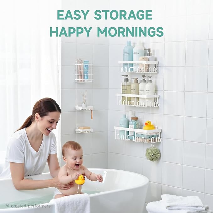 Veken 6-Pack Rustproof&Waterproof Shower Caddy, Adhesive Shelves Rack with Soap Holder, Large Bathroom & Washroom Organizer, No Drilling Wall-Mounted Kitchen&Home Decor,Ideal for Bathtub Storage,White