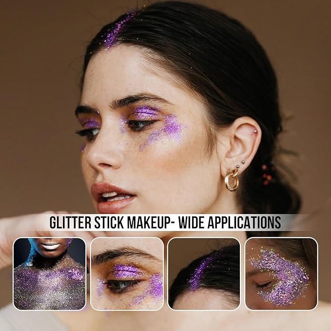 Brzeaf Waterproof Purple Glitter Stick, Not Greasy & Shimmery & Long Lasting, Chunky Glitter for Face/Body/Hair/Eyes, Singer Concert Music Christmas Rave Festival, Glitter Stick Makeup for Women Men