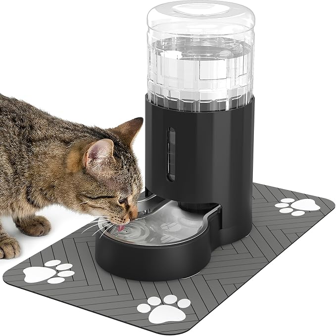 JUNSPOW Cat Water Dispenser with Placemat & Stainless Steel Bowl (4L Black) | Automatic Gravity Water Dispenser for Cats or Small Medium Size Dogs, Large Capacity, Easy to Clean
