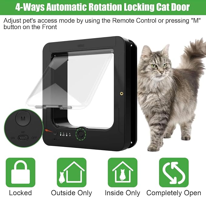 Microchip Cat Flap 11.5" x 10", Automatic RFID Pet Door with 2 Collar Sensors & Remote Control, 4-Way Locking Weatherproof Smart Cat Door for Small Dogs White