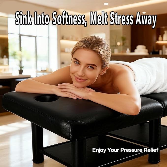 Stationary Massage Table with Storage Space & Backrest, Alloy Steel Frame Massage Bed PU Leather with Open-Chest, Adjustable Spa Facial Bed for Treatment Physical Therapy Table & Salon Equipment