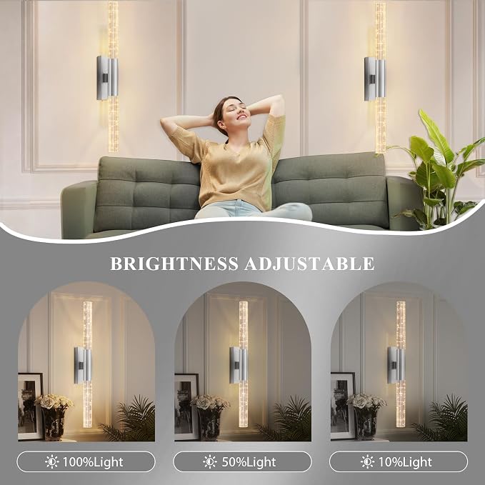 camuucci Battery Operated Wall Sconces Set of 2, Rechargeable Wall Lights | 12000mAh Long-Lasting Battery,Dimmable Cordless Sconce,No Wiring Needed for Bedroom,Living Room,Silver,25.6-Inch