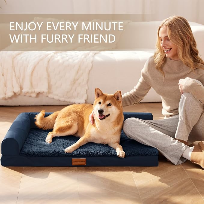 Patas Lague Orthopedic Large Dog Bed Washable Pet Sofa Bed 56X40 Navy Blue | 2-Sided Bolster Egg-Crate Foam Dog Couch Large Sized Dogs, Waterproof Removable Washable Cover, Nonskid Bottom Pet Crate Mat