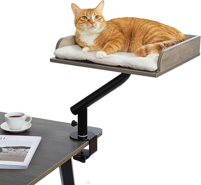 PAWZ Road Cat Desk Bed 360°Rotating Supports to 50 Lbs Cozy Nest for Desk | Wooden Desk Mount Cat Bed with Sturdy Clamp – Fits Desks & Tables, Padded Soft Nest for Cats, Holds Up to 50 lbs