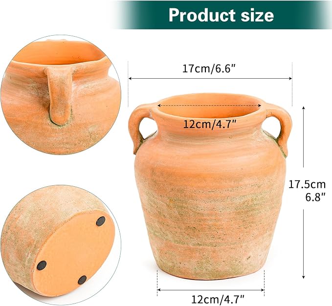 Sungmor Rustic Ceramic Flower Vase with Handles, 6.9 Inch Straight Barrel | Terracotta Plant Pots, Cement Textured Vases Home Decor, Indoor Fresh Flowers Planter, Dried Flower Arrangements