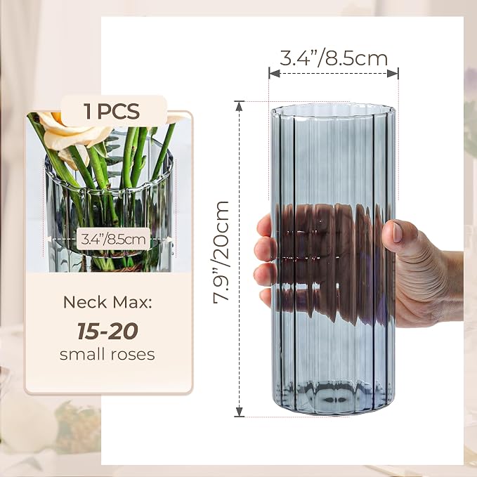 ComSaf Glass Cylinder Vase 8 Inch Tall, Grey Ribbed Decor for Centerpieces | Decorative Flower Vase, Hurricane Floating Candle Holder, Wedding Decor, Reception Table, Home Accent, Housewarming Gift