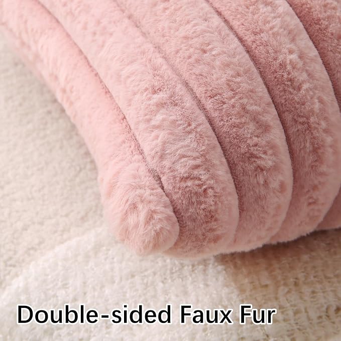 Decorative Throw Pillow with Inserts, Set of 2 Soft Faux Fur Throw Pillows, Square Boho Striped Pillow for Couch, Bed, Sofa Decor (Pink, 16" x 16"(Pack of 2))