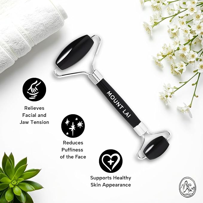 Mount Lai Warming Black Obsidian Facial Roller – The Stone of Clarity, Detoxifying Face Roller Tool for Purified Skin, Relaxation & Improved Circulation, Facial Massager Tool for Self-Care Ritual