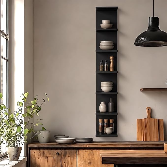 7 Tier Floating Shelves for Wall, Black | Modern Wall Mounted Shelf, Makeup Vanity, Hanging Display Shelf, Storage and Room Decor for Living Room, Bathroom