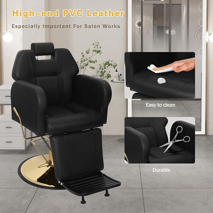 Barber Chair Hydraulic Reclining Salon Chairs Styling Chair Hair Chair 360 Degrees Rolling Swivel Barber Chairs for Barbershop Hair Salon (Gold1)