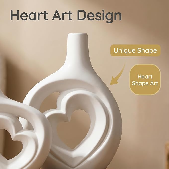 White Heart Shaped Hollow Ceramic Vase Set of 2 | Modern Nordic Boho Style, Table Centerpiece Decor, Matte Finish, H 8.5in