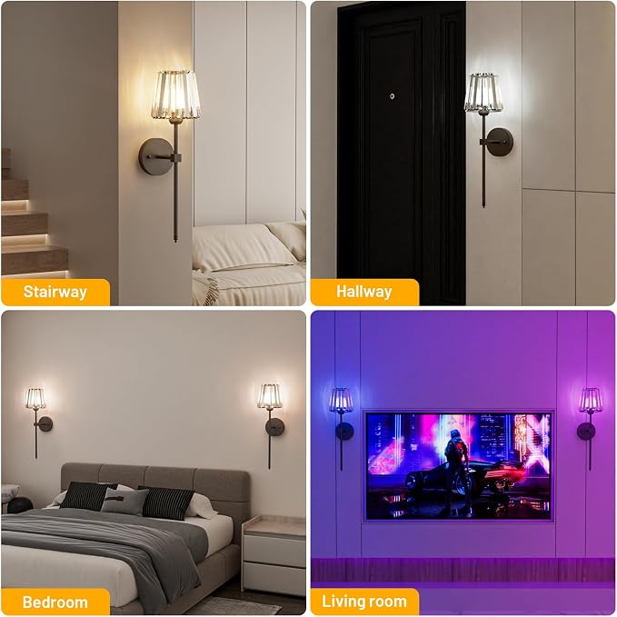 Crystal Battery Operated Wall Sconces Set of 2, Black Rechargeable Wireless Wall Sconce Lights with Crystal Lampshade, 12 RGB and 3CCT Dimmable Wall Lamps with Remote for Bedroom Living Room Hallway