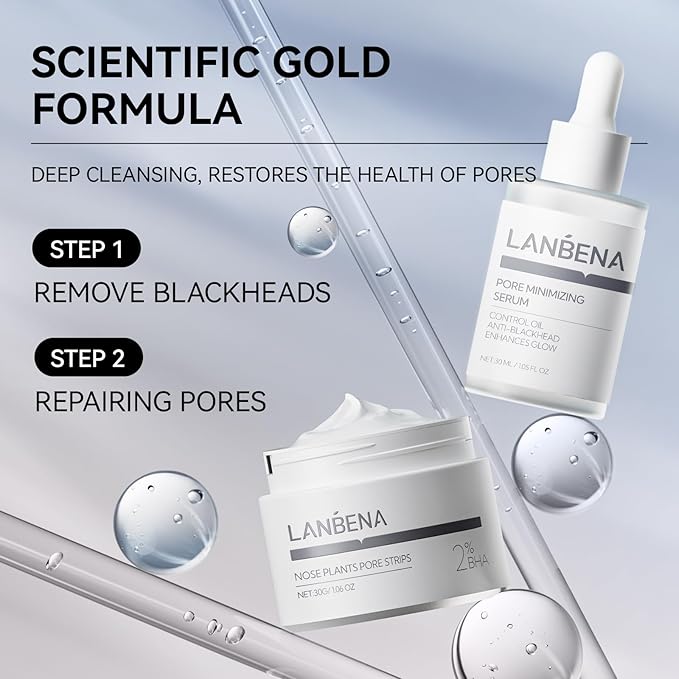 LANBENA 3 in 1 Blackhead Removing Set, Pore Strips 30g+Pore Serum 30ml+Removal Strip Paper, Black Head Remover Mask for Face