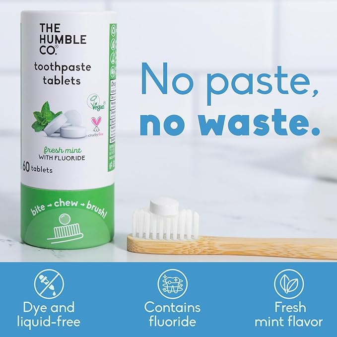 The Humble Co Chewable Toothpaste Tablets with Fluoride, Mint - Bite, Chew, Brush - Zero Water & Plastic Free Toothpaste Tabs - Travel-Friendly & Waste-Free Dental Oral Care Hygiene - 180 Count
