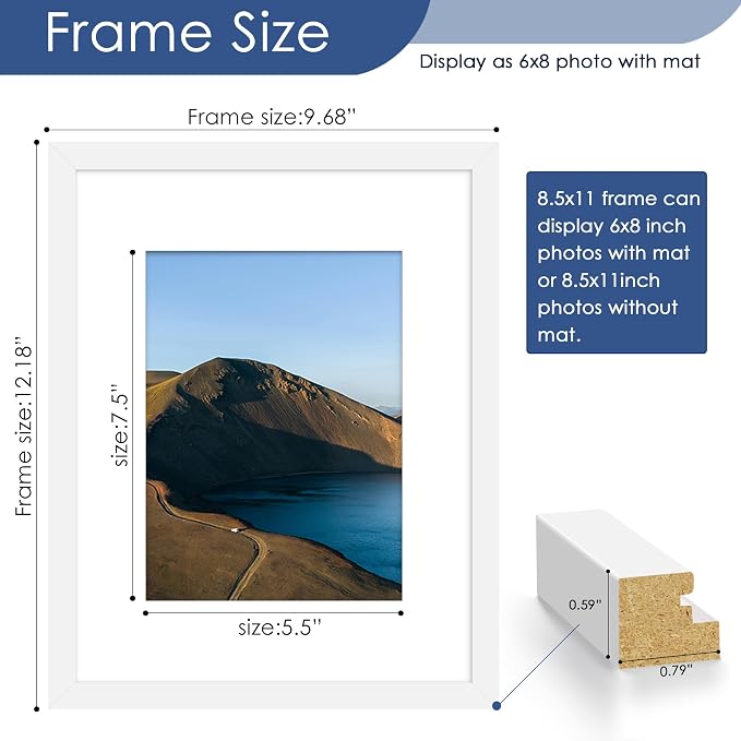 8.5x11 Picture Frame Set of 6, Wall Mount Display, White | Display Pictures 6x8 with Mat or 8.5x11 Without Mat, Horizontal or Vertical, Gallery Wall Frame Set, Wedding Birthday Gifts
