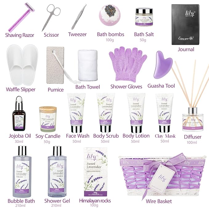 Mother's Day Gift Basket for Mom, Gifts for Women, Spa Gift Basket for Women - 22 Piece Lavender Bath and Body Skin Care Set for Women, Spa Kit | Birthday Gifts, Valentines Day Gift, Christmas Gift