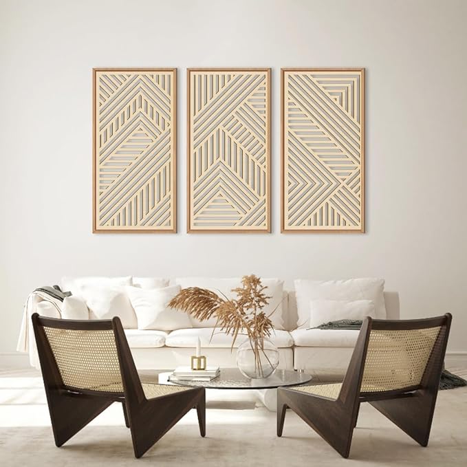 IARTTOP Large Boho Wooden Wall Art 16x32 Inch Framed Mid Century Modern Wood Wall Decor Minimalist Modern Bohemian Decor for Dining Room Living Room Bedroom Set of 3