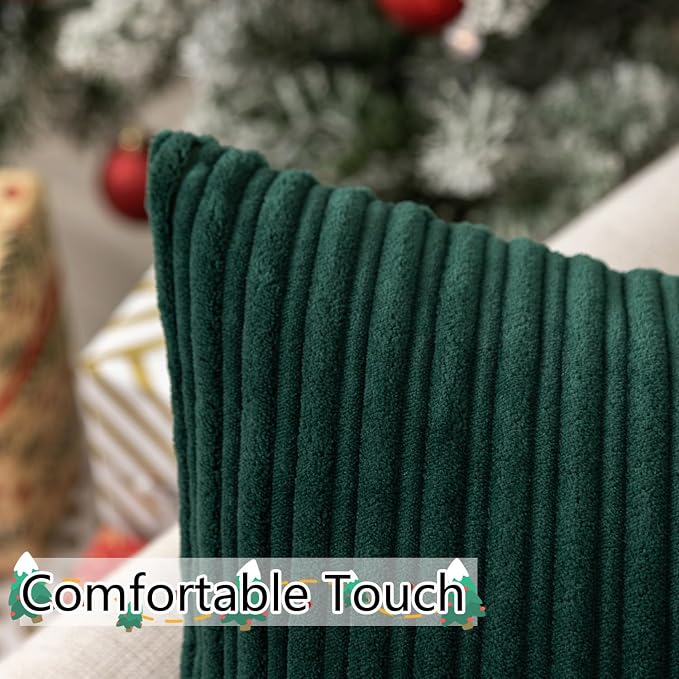 UGASA Christmas Velvet 12x20 Inch Lumbar Soft Throw Pillow Cover Boho Striped Decorative Both Sides Solid Rectangular Cushion Case for Couch Bedroom Sofa Home, 1 Piece, Dark Green