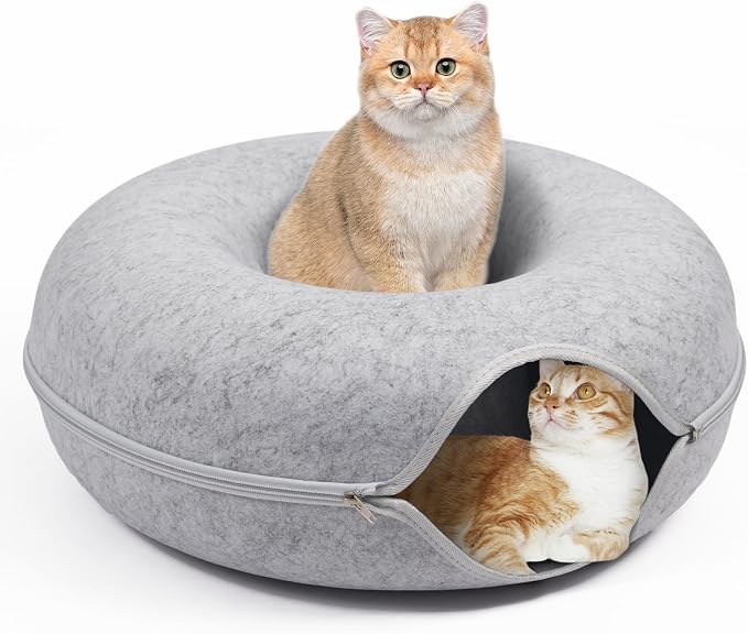 Cat Caves for Indoor Cats, Large Cat Tunnel for Multiple & Large Cats, Scratch Detachable Cave Bed, Kitten Donut Kitty Hideaway Up to 45 Lbs (Light Grey, Large, 1 Pack)