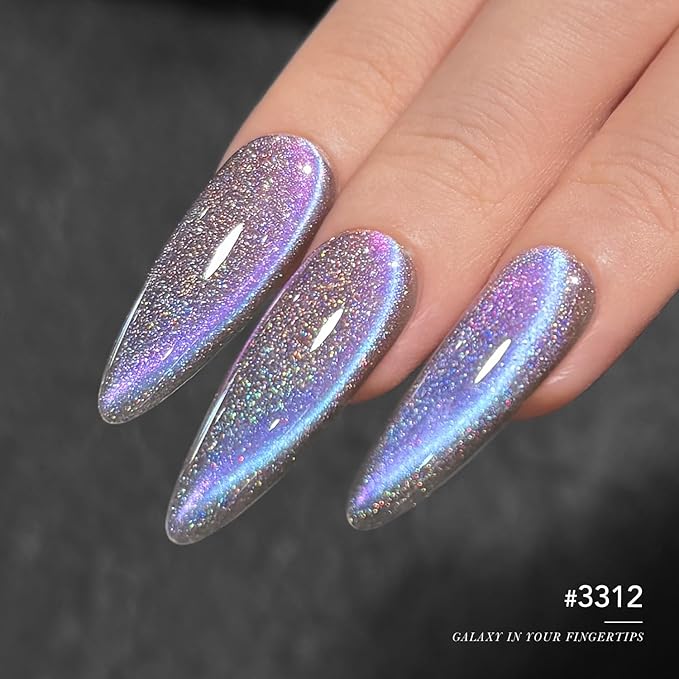GAOY Rainbow Cat Eye Gel Nail Polish, 16ml Jelly Blue Gray Glitter Holographic Nail Polish with Magnet, Reflective Translucent UV Gel, 3312 Nebula Opal