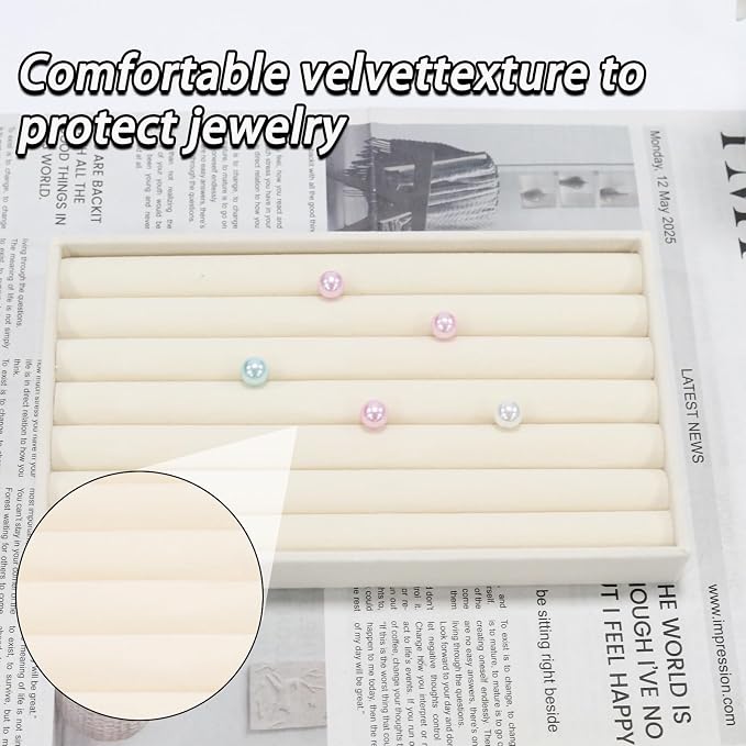 Velvet Jewelry Organizer Trays Beige 8 Rolls | Stackable Jewelry Storage Display Tray for Drawer Dresser Cloest Organizer