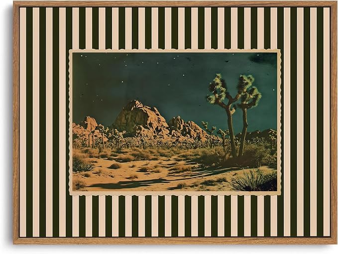 ZZLWBKGL Desert Canvas Art Boho Framed Wall Art for Living Room 16x24in | Vintage Western Artwork Southwestern Cactus Picture Mid Century Striped Paintings for Bedroom Study