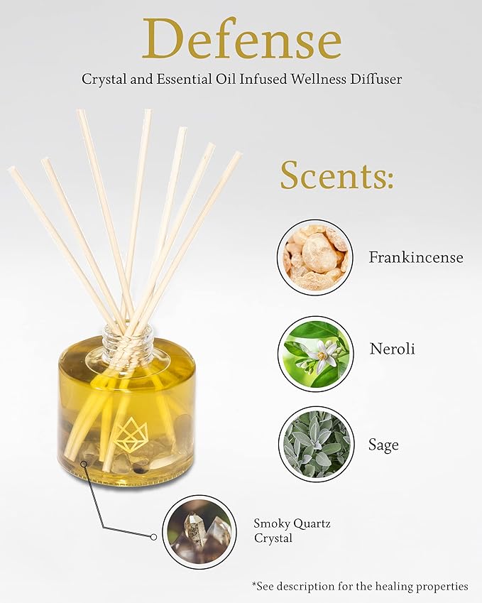 Crystal Infused Reed Diffuser, 4 OZ, Defense - Smoky Quartz Crystal Infused - Scents of Frankincense, Neroli, & Sage - Home Decor, House Warming, Room, Stick Perfume, Coffee Table