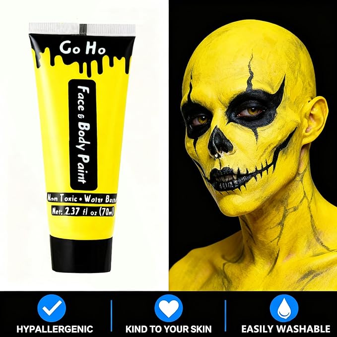 Go Ho Yellow Face Body Paint Washable(2.37oz/pc),Water Based Cream Full Yellow Body Paint for Monster Minions Lion Tiger SFX Cosplay Costumes Festivals Halloween Makeup