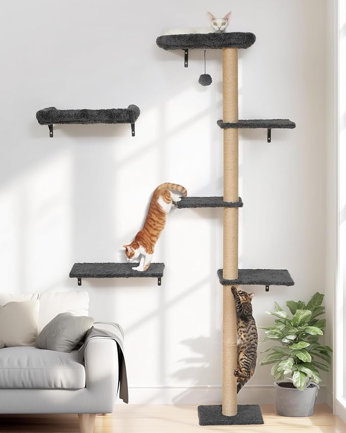 FUKUMARU Cat Wall Shelves Set, 70 inch Wall Mounted Tree, Grey | Kitten Scratching Post with Soft Cushion Perch, Space Saving Climbing Wall Furniture for 16 Inch Drywall