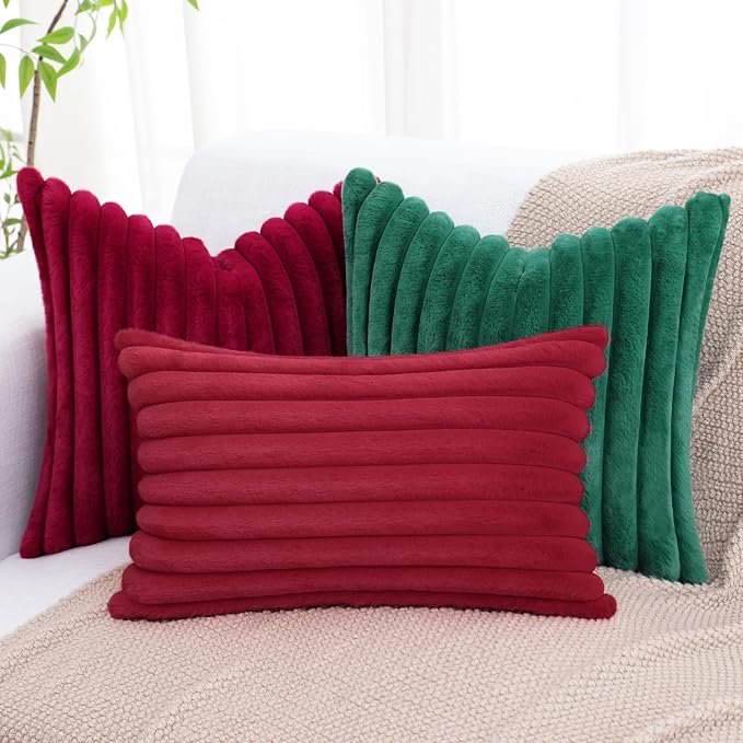 decorUhome Fall Faux Fur Throw Pillow Covers 12x20 Set of 2 Red | Decorative Soft Cozy Striped Plush Modern Farmhouse Boho Couch Pillow Cases Velvet Back for Sofa Bed Living Room Home Decor