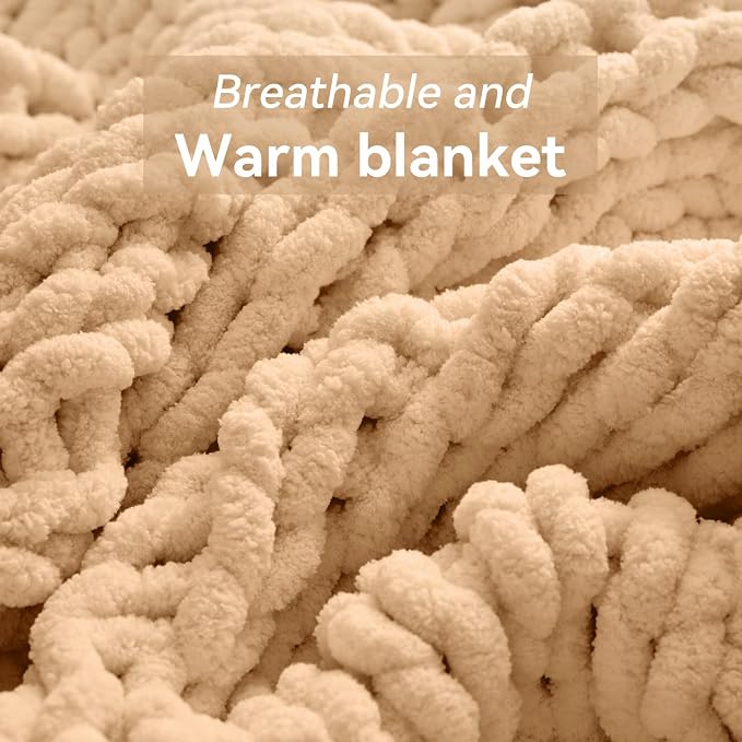 Negwoo Chunky Knit Throw Blanket, Knitted Throw Chenille Yarn, 40"*50" | Soft Thick Cable Knitted Blankets, Handmade Big Thick Blanket, Machine Washable Cute Comfy Blanket for Home Decor, Beige