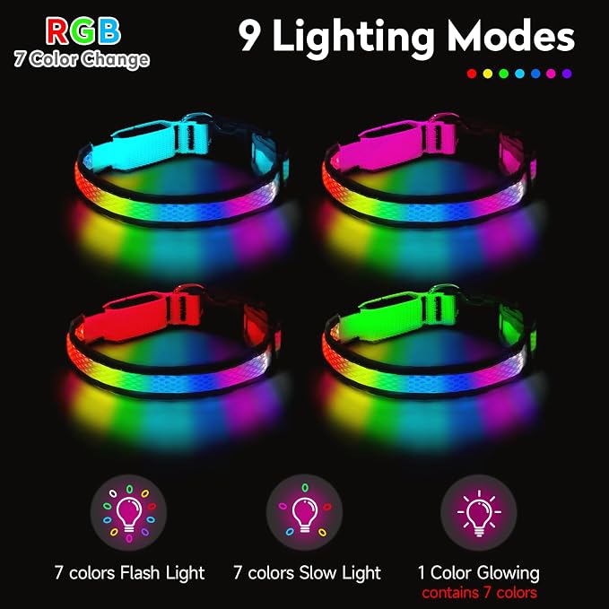 LED Dog Collar, Light Up Dog Collar,for Night Walking(Large,Pink) | Adjustable,Bright RGB 7 Colors Light Glowing Collar,Waterproof,Nylon,Soft,For Medium and Large Dogs,USB C to Charge