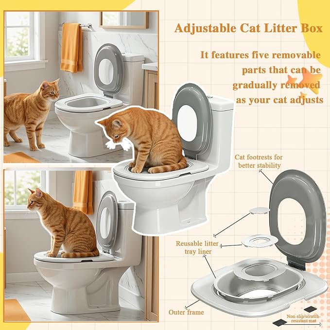 Cat Toilet Trainer Kit with Litter Scoop,5 Movable Parts | Grey detachable lid for all feline sizes,step-by-step guidance,squatting pan compatible,Fits Most Toilets
