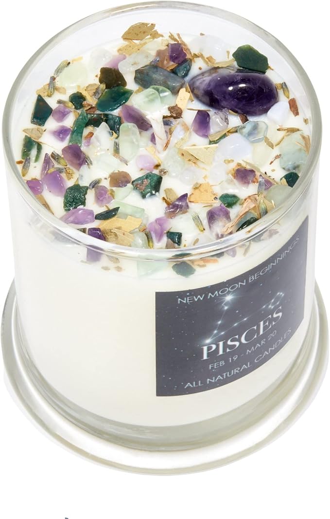 Pisces Zodiac Candle (Feb. 19 - Mar. 20) -Soy Candle - All Natural Aromatherapy Candle - Pisces Horoscope Candle - Crystal Candles - 12 oz Glass Jar