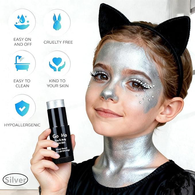 Go Ho Pearl Silver Face Body Paint Stick,Water Based Washable Face Paint Stick,Non-toxic Full-coverage Cream Silver Body Paint for Halloween Costumes Cosplay SFX Makeup