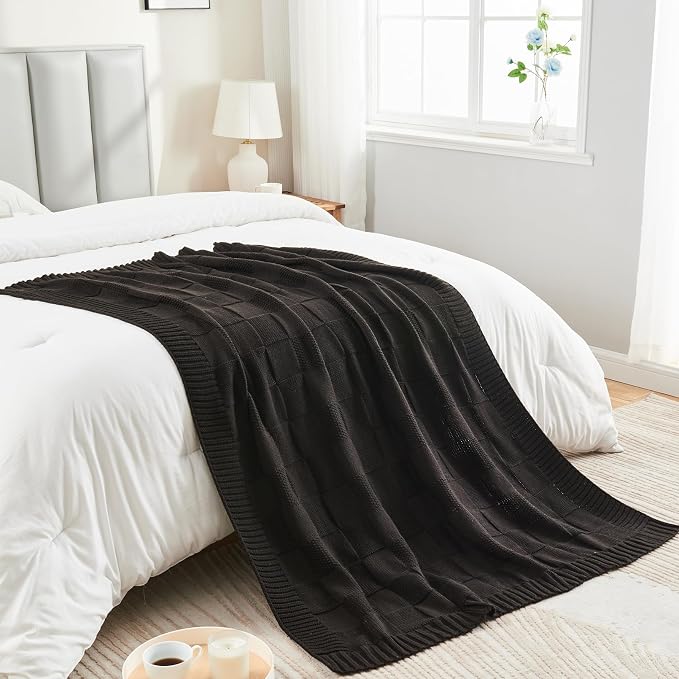 CozeCube Jet Black Knitted Checkered Throw Blanket 50"X60" | Check Knit Throw for Couch, Decorative Christmas Soft Cozy Warm Blanket for Bed Sofa Living Room