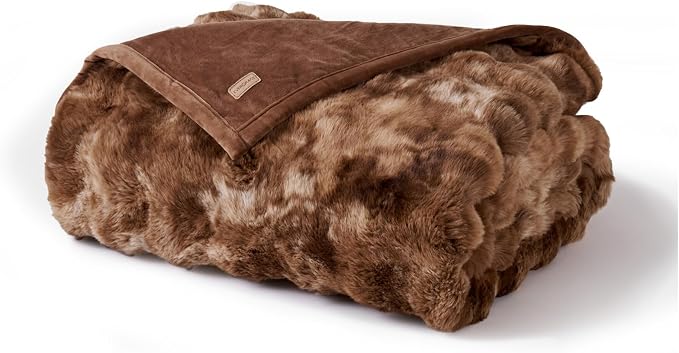 Faux Rabbit Fur Bubble Throw Blanket, 60"x80", Lion Caramel | Ultra Soft, Luxury Faux Rabbit Fur Throw, Thick Warm Bubble Blanket, Cozy Fluffy Reversible, for Bed, Couch, Chair, Sofa