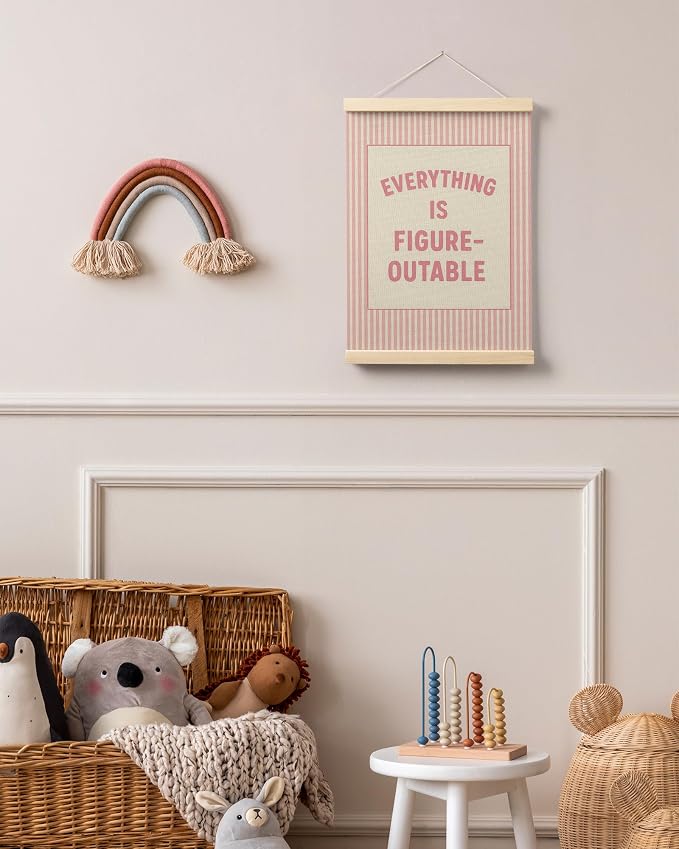 FGFK Preppy Pink Everything Is Figureoutable Inspirational Wall Art Poster Hanger Frame, Girly Pink Striped Positive Affirmations Canvas Prints Framed Wall Decor for Girls Bedroom Dorm, 12x16 Inch