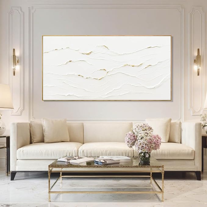 Framed White Gold Abstract Wave Canvas Wall Art for Living Room 24x48 Inch
