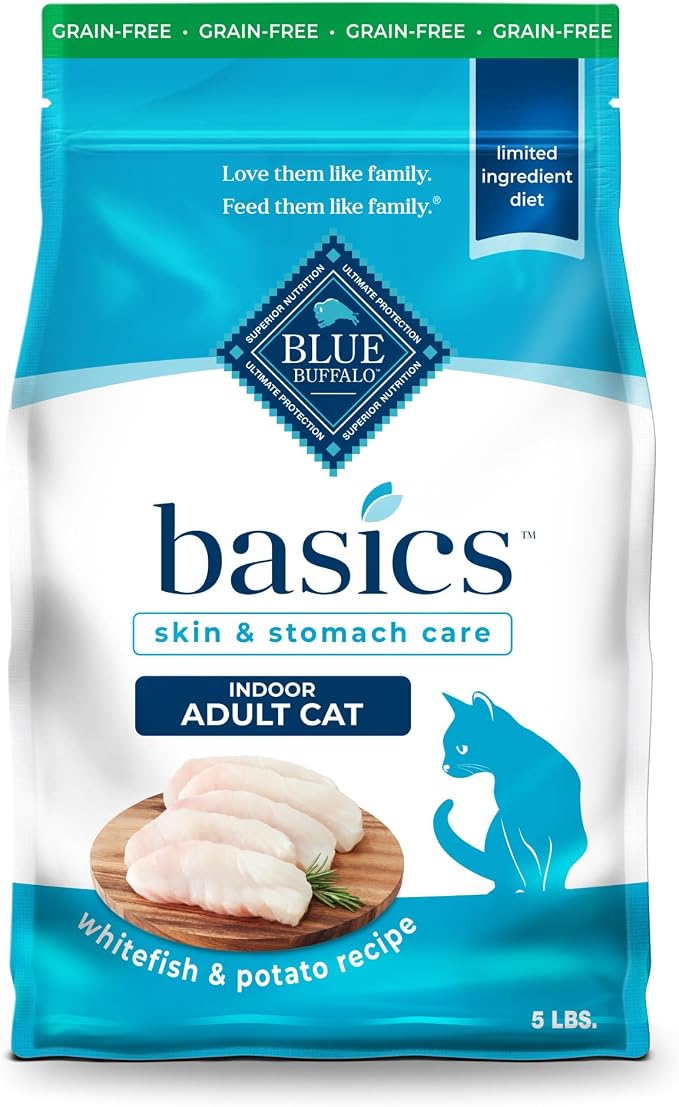 Blue Buffalo Basics Whitefish Grain-Free Dry Cat Food, 5 lb | Skin & Stomach Care, Real Whitefish #1 Ingredient, Limited Ingredient Diet, Antioxidant-Rich LifeSource Bits
