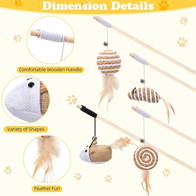 Leitee 20 Pcs Interactive Cat Toys for for Indoor Cats Set, Wooden Cat Wand Toywith Bells Feather Handle Chew Rope Mouse Sisal Balls Kitty Toys for Play Chase Exercise (Brown)