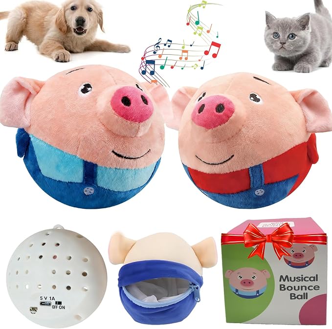 【2PCS】Interactive Dog Toys,Active Moving Pet Plush Toy with Recording & Music Modes,Jumping Squeaky Song shaking Interactive Dog Ball,Dog Toys to Keep Them Busy,Replaceable Coat (Blue Pig + Red Pig)