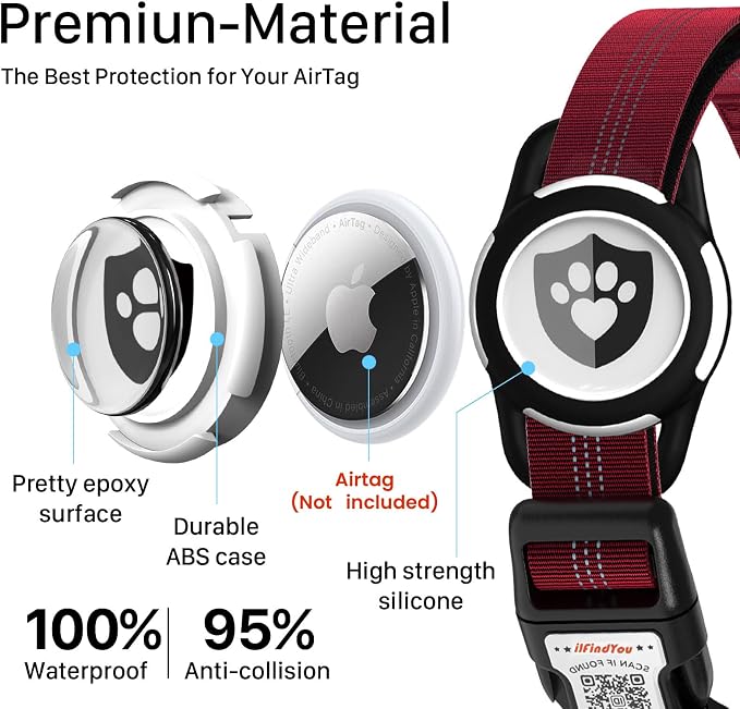 Waterproof AirTag Dog Collar with QR Code Dog Tag, Burgundy XS | IP68 waterproof, QR code dog tag, Anti-Lost, Online profile, fits XS-L (8"-26"), Padded nylon, Reflective, No App, No Fees